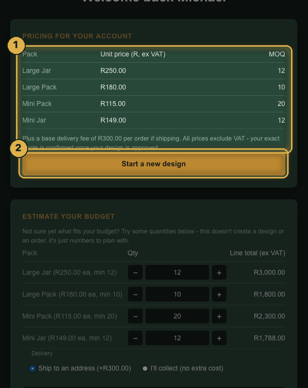 Pricing and minimum order quantities for your account. Numbered gold highlights mark the parts described.