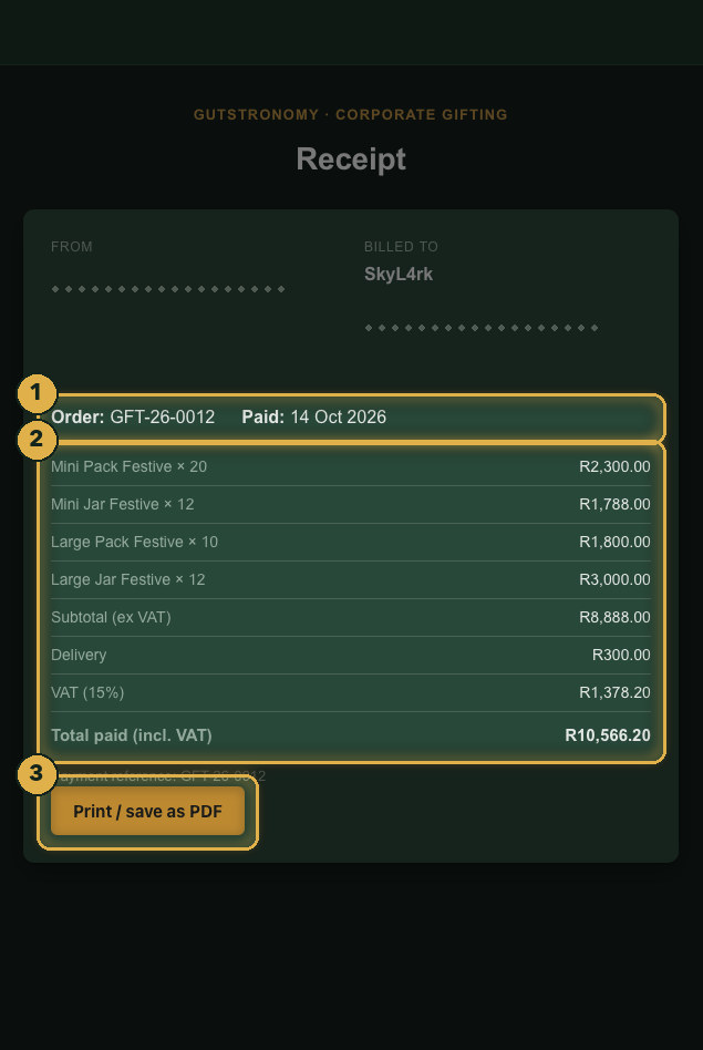 An itemised receipt, ready to print or save as PDF. Numbered gold highlights mark the parts described.